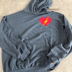Aviator Nation Charcoal Hoodie with Red heart with Yellow lightening bolt